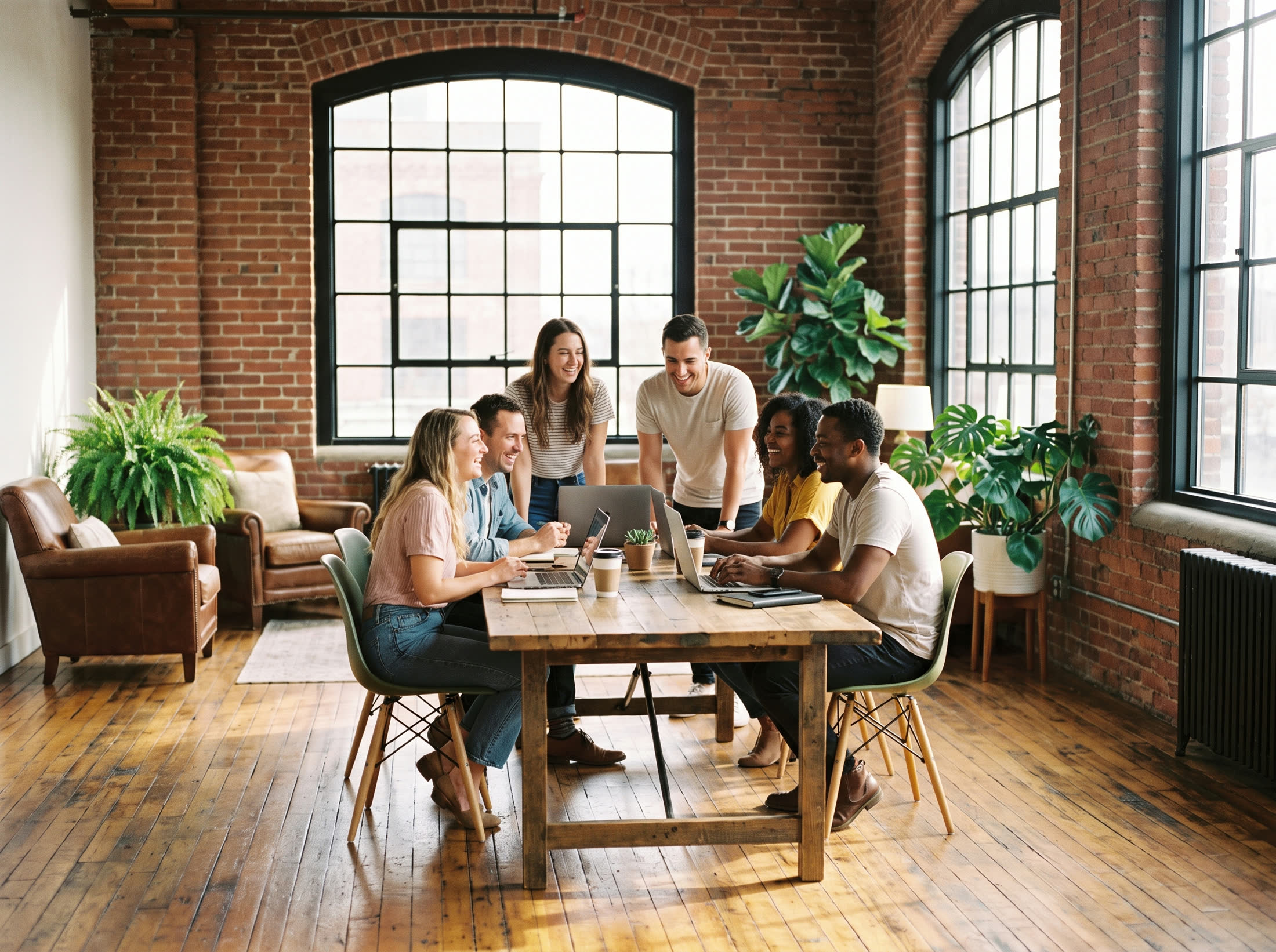 A happy dream team in a bright loft office